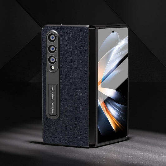 For Samsung Galaxy Z Fold4 5G Integrated Cross Texture Genuine Leather Phone Case with Holder(Blue) - Galaxy Z Fold4 5G Cases by buy2fix | Online Shopping UK | buy2fix