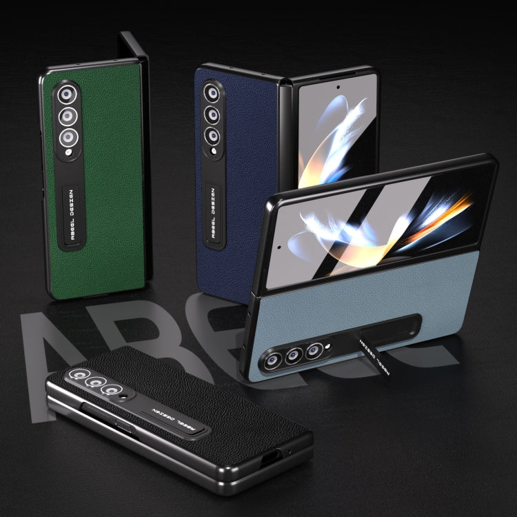 For Samsung Galaxy Z Fold4 5G Integrated Black Edge Genuine Leather Mino Phone Case with Holder(Green) - Galaxy Z Fold4 5G Cases by buy2fix | Online Shopping UK | buy2fix
