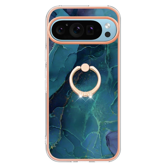 For Google Pixel 9 / 9 Pro Electroplating Marble Dual-side IMD Phone Case with Ring(Green 017) by buy2fix