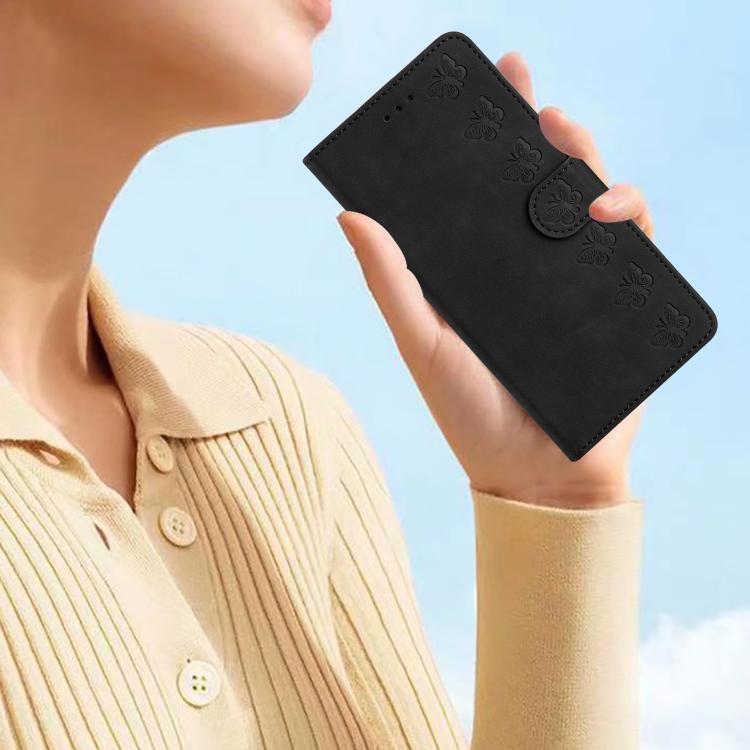 For iPhone 16e Seven Butterflies Embossed Leather Phone Case(Black) - iPhone 16e Cases by buy2fix | Online Shopping UK | buy2fix