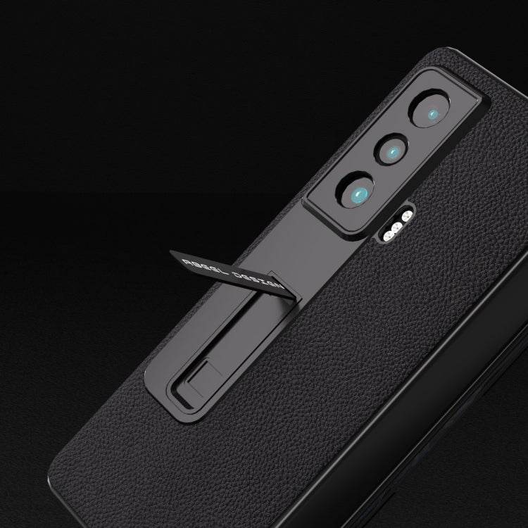 For Honor Magic Vs Integrated Genuine Leather + PC Litchi Texture Phone Case with Holder(Black) - Honor Cases by buy2fix | Online Shopping UK | buy2fix