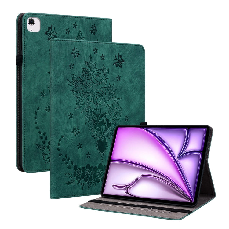For iPad Air 11 2025 / 2024 Butterfly Rose Embossed Leather Smart Tablet Case(Green) - iPad Air 11 2025 / 2024 Cases by buy2fix | Online Shopping UK | buy2fix