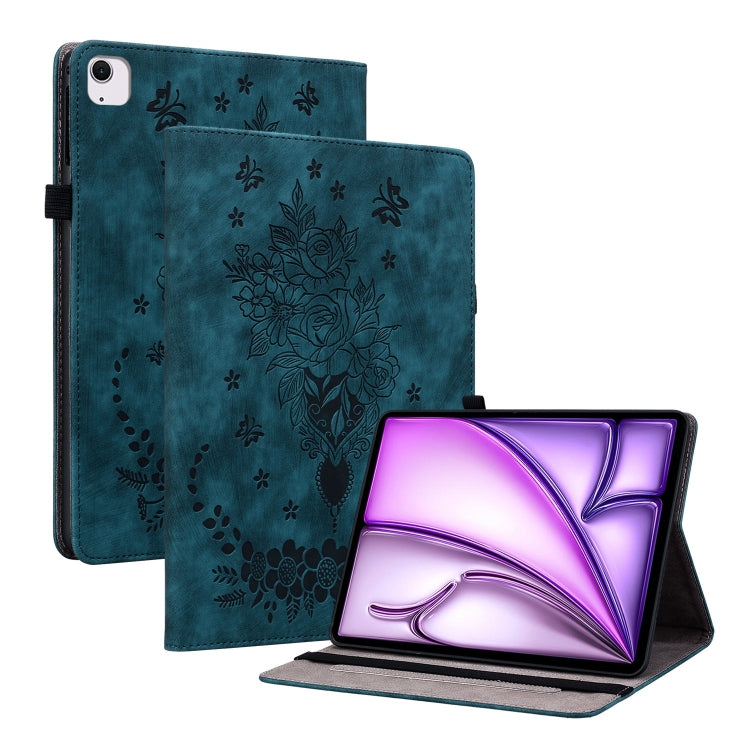 For iPad Air 11 2025 / 2024 Butterfly Rose Embossed Leather Smart Tablet Case(Dark Blue) - iPad Air 11 2025 / 2024 Cases by buy2fix | Online Shopping UK | buy2fix