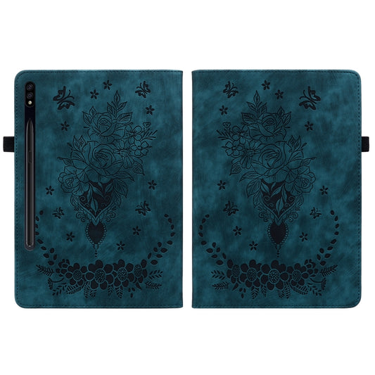 For Samsung Galaxy Tab S8+ / S7+ / S7 FE Butterfly Rose Embossed Leather Tablet Case(Dark Blue) by buy2fix
