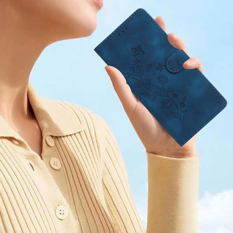 For iPhone 16e Flower Butterfly Embossing Pattern Leather Phone Case(Blue) - iPhone 16e Cases by buy2fix | Online Shopping UK | buy2fix