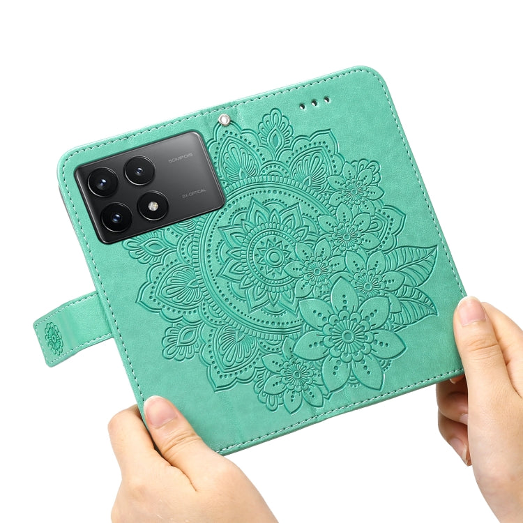 For Xiaomi Redmi K70E 7-petal Flowers Embossing Leather Phone Case(Green) - Xiaomi Cases by buy2fix | Online Shopping UK | buy2fix