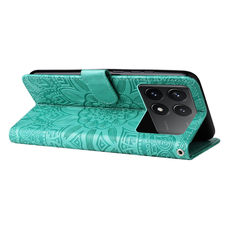 For Xiaomi Redmi K70 / K70 Pro Embossed Sunflower Leather Phone Case(Green) - Xiaomi Cases by buy2fix | Online Shopping UK | buy2fix