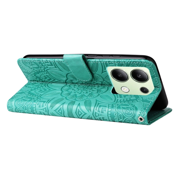 For Xiaomi Redmi Note13 4G Embossed Sunflower Leather Phone Case(Green) - Xiaomi Cases by buy2fix | Online Shopping UK | buy2fix