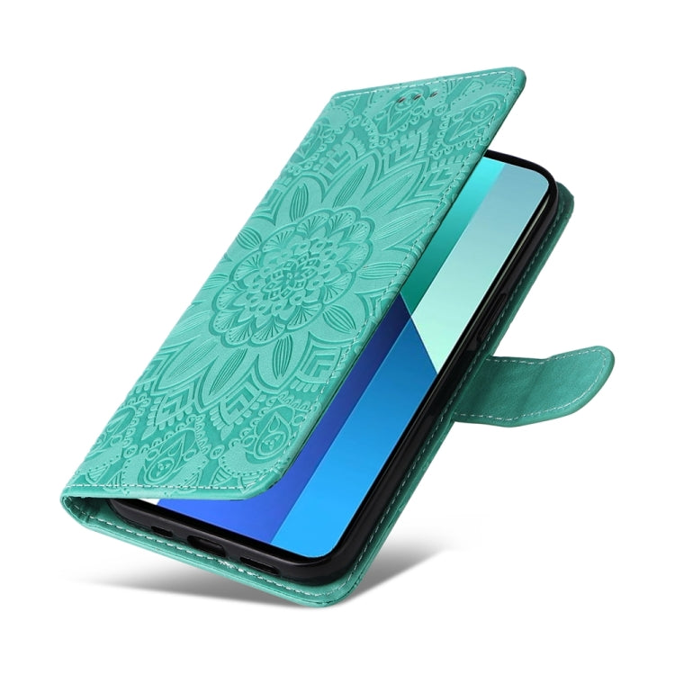 For Xiaomi Redmi Note13 4G Embossed Sunflower Leather Phone Case(Green) - Xiaomi Cases by buy2fix | Online Shopping UK | buy2fix