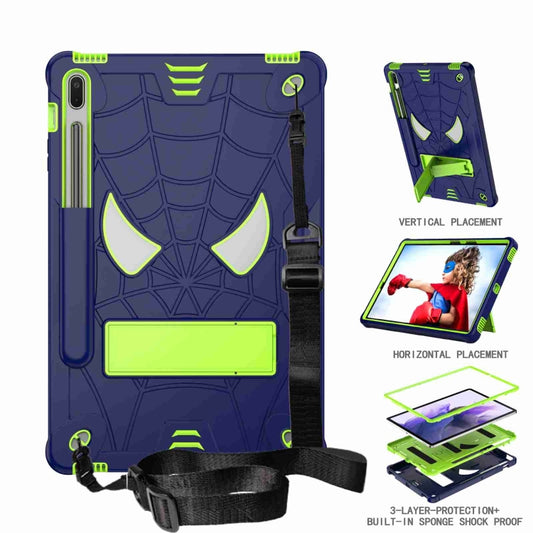 For Samsung Galaxy Tab S7 FE / S7+ / S8+ Spider Texture Silicone Hybrid PC Tablet Case with Shoulder Strap(Navy Blue + Yellow Green) by buy2fix