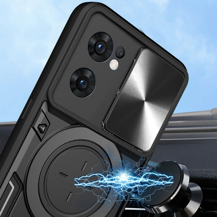 For OPPO Reno7 5G CD Texture Sliding Camshield Magnetic Holder Phone Case(Purple) by buy2fix