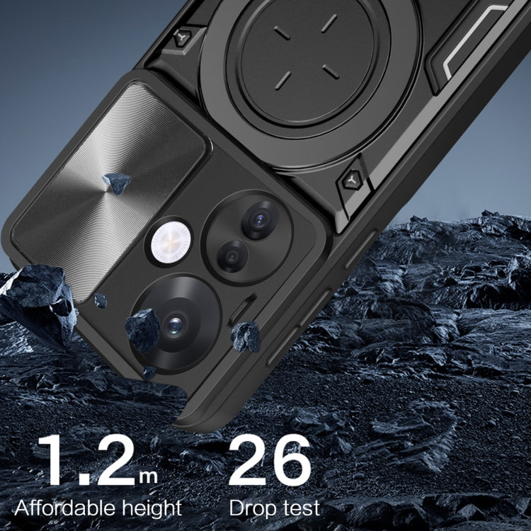 For OPPO Reno11 F 5G Global CD Texture Sliding Camshield Magnetic Holder Phone Case(Black) - OPPO Cases by buy2fix | Online Shopping UK | buy2fix