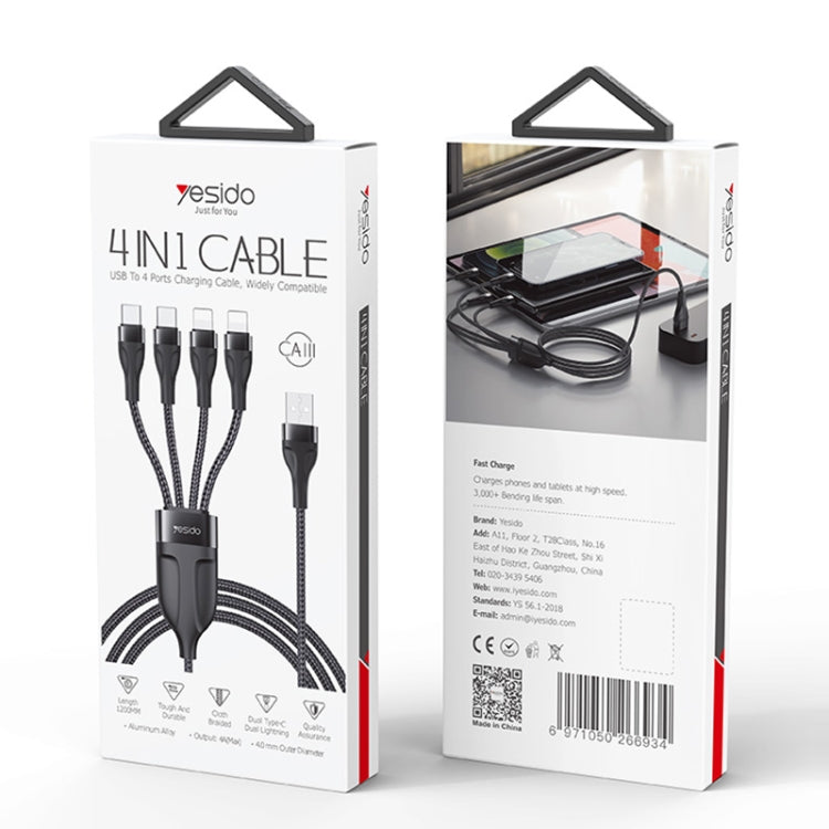 YESIDO CA111 1.2m 4A USB to Dual Type-C + Dual 8 Pin Charging Cable(Black) by Yesido