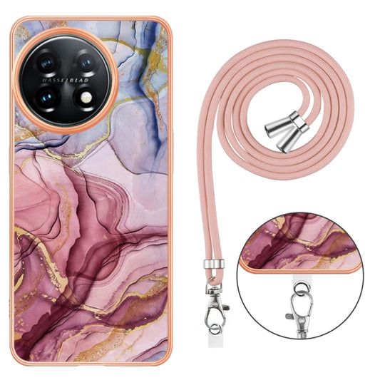 For OnePlus 11 Electroplating Marble Dual-side IMD Phone Case with Lanyard(Rose Red 014) by buy2fix
