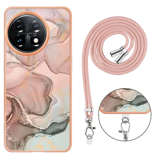 For OnePlus 11 Electroplating Marble Dual-side IMD Phone Case with Lanyard(Rose Gold 015) by buy2fix