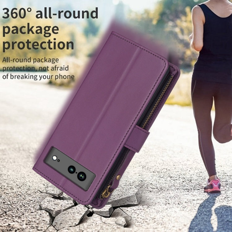 For Google Pixel 7a 9 Card Slots Zipper Wallet Leather Flip Phone Case(Dark Purple) by buy2fix