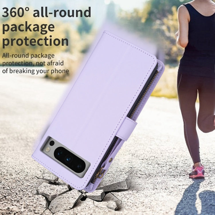 For Google Pixel 8 Pro 9 Card Slots Zipper Wallet Leather Flip Phone Case(Light Purple) by buy2fix
