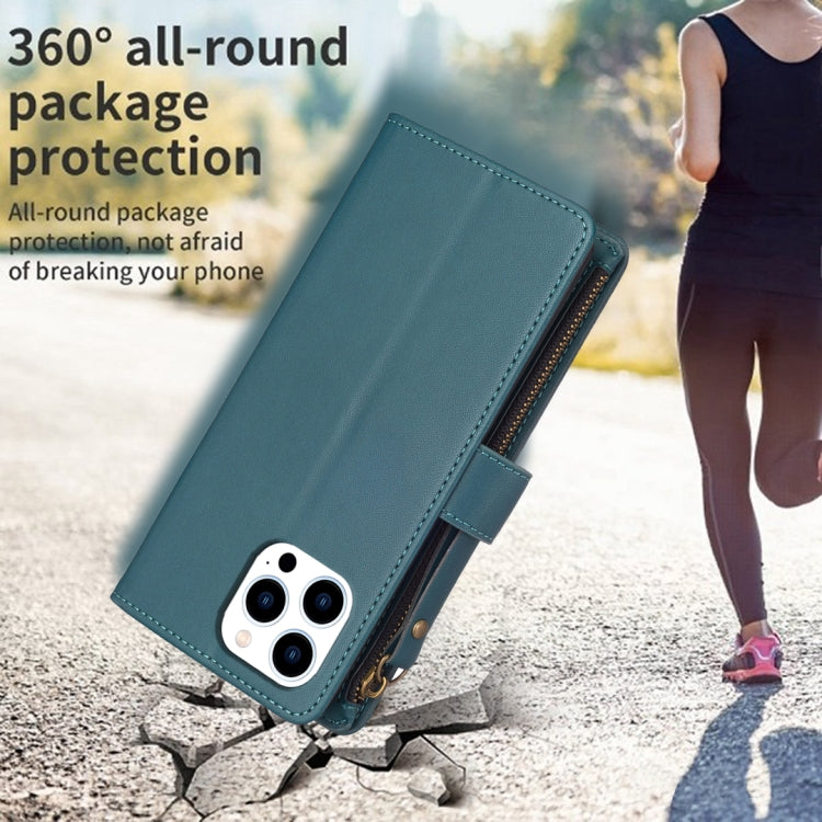 For iPhone 16 Pro Max 9 Card Slots Zipper Wallet Leather Flip Phone Case(Green) by buy2fix