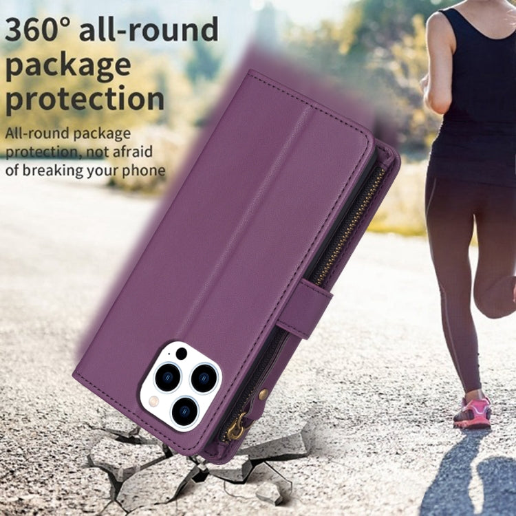 For iPhone 16 Pro Max 9 Card Slots Zipper Wallet Leather Flip Phone Case(Dark Purple) by buy2fix
