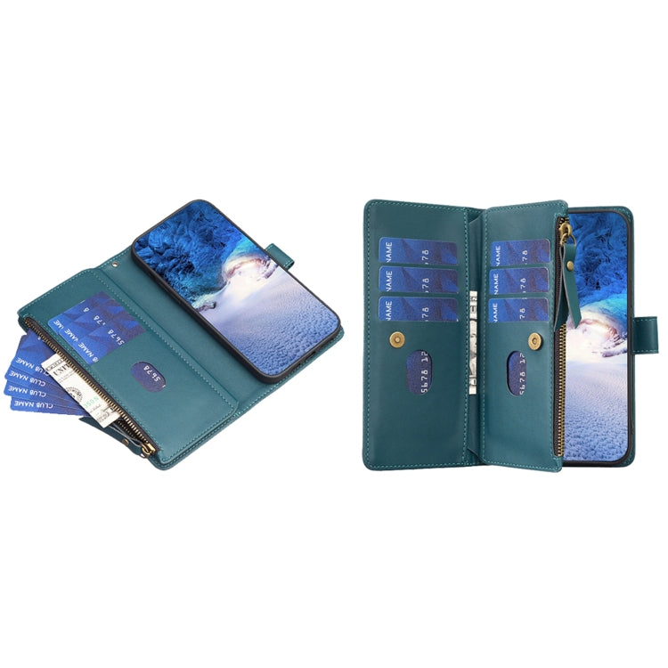 For iPhone 16 Plus 9 Card Slots Zipper Wallet Leather Flip Phone Case(Green) by buy2fix