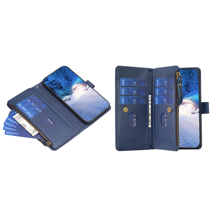 For iPhone 16 Plus 9 Card Slots Zipper Wallet Leather Flip Phone Case(Blue) by buy2fix