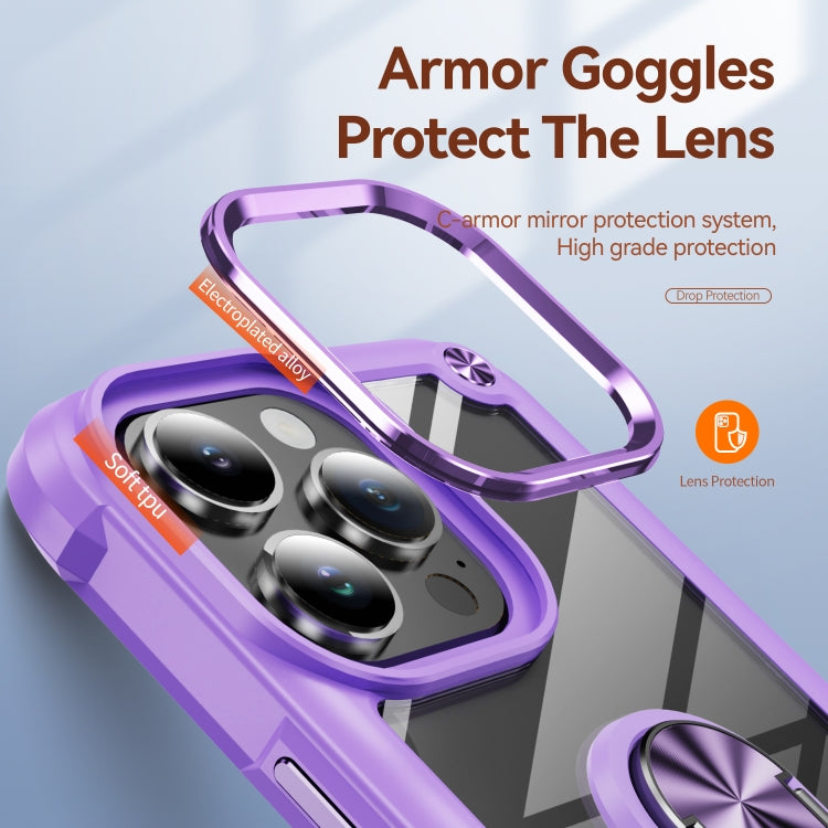 For iPhone 16 Pro Max TPU + PC Lens Protection Phone Case with Ring Holder(Purple) by buy2fix