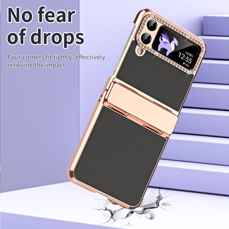 For Samsung Galaxy Z Flip3 5G Plated Plain Leather Folding Phone Case with Hinge(Black) - Galaxy Phone Cases by buy2fix | Online Shopping UK | buy2fix