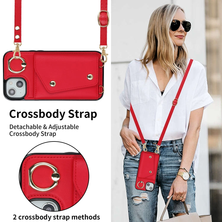 For iPhone 14 Zipper Card Bag Phone Case with Dual Lanyard(Red) - iPhone 14 Cases by buy2fix | Online Shopping UK | buy2fix