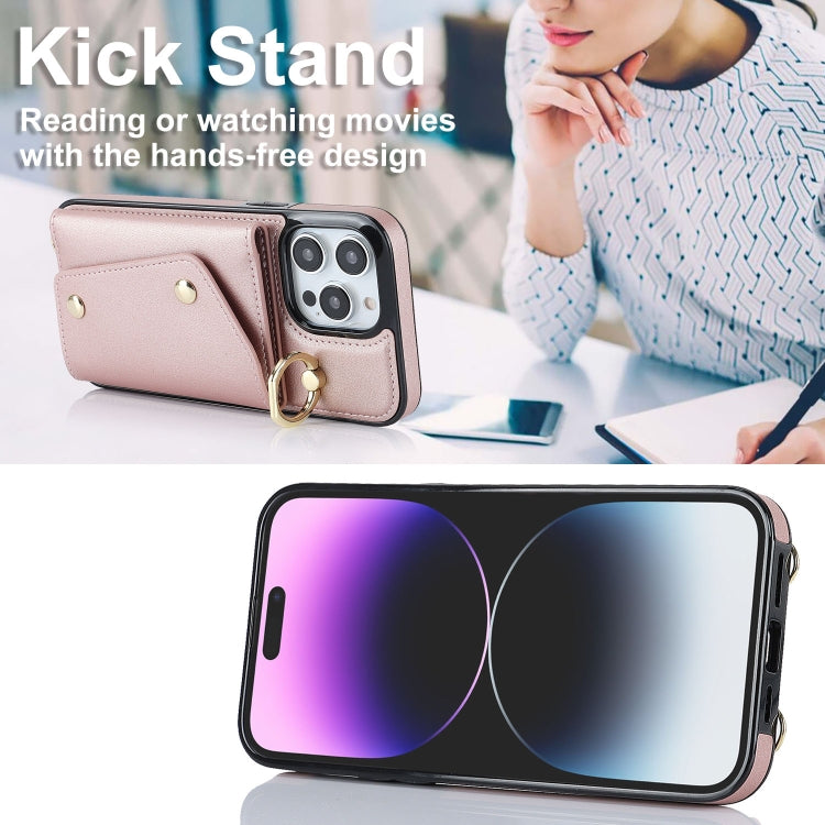 For iPhone 14 Pro Zipper Card Bag Phone Case with Dual Lanyard(Rose Gold) - iPhone 14 Pro Cases by buy2fix | Online Shopping UK | buy2fix