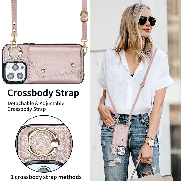 For iPhone 14 Pro Zipper Card Bag Phone Case with Dual Lanyard(Rose Gold) - iPhone 14 Pro Cases by buy2fix | Online Shopping UK | buy2fix