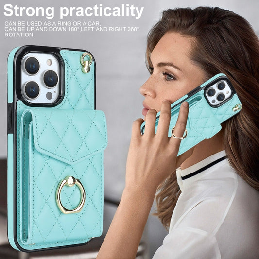 For iPhone 13 Pro Rhombic Texture Card Bag Phone Case with Long Lanyard(Mint Green) - iPhone 13 Pro Cases by buy2fix | Online Shopping UK | buy2fix