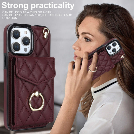 For iPhone 13 Pro Rhombic Texture Card Bag Phone Case with Long Lanyard(Wine Red) - iPhone 13 Pro Cases by buy2fix | Online Shopping UK | buy2fix
