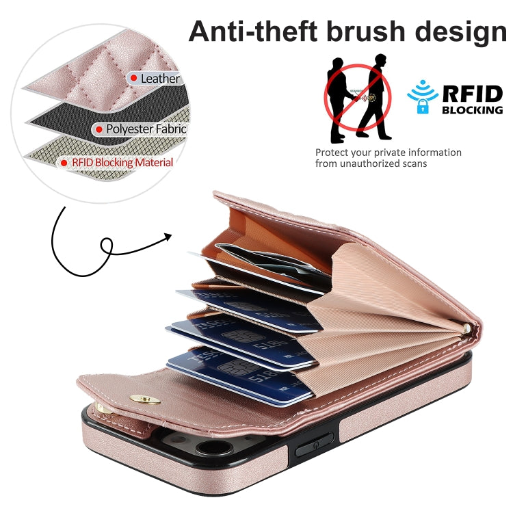 For iPhone 13 Rhombic Texture Card Bag Phone Case with Long Lanyard(Rose Gold) - iPhone 13 Cases by buy2fix | Online Shopping UK | buy2fix