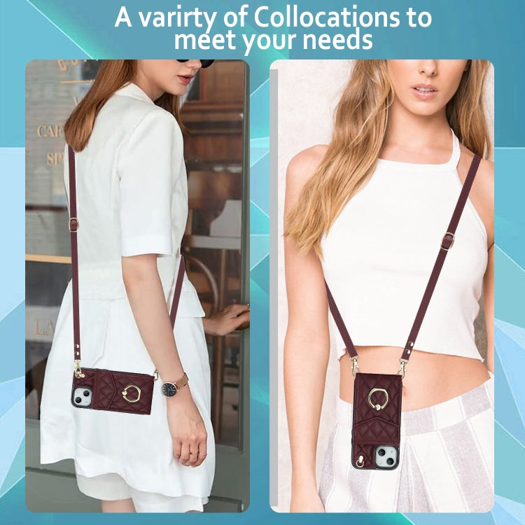 For iPhone 13 Rhombic Texture Card Bag Phone Case with Long Lanyard(Wine Red) - iPhone 13 Cases by buy2fix | Online Shopping UK | buy2fix