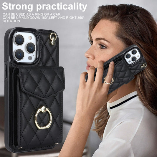 For iPhone 12 / 12 Pro Rhombic Texture Card Bag Phone Case with Long Lanyard(Black) - iPhone 12 / 12 Pro Cases by buy2fix | Online Shopping UK | buy2fix