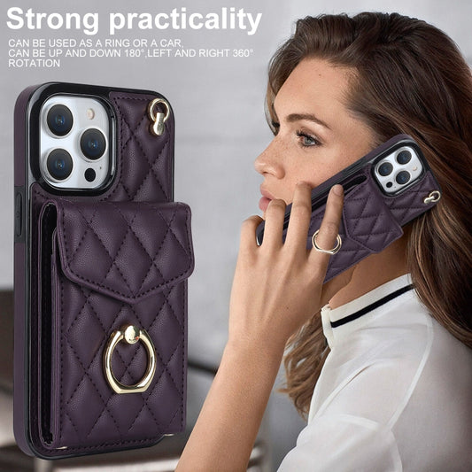 For iPhone 12 / 12 Pro Rhombic Texture Card Bag Phone Case with Long Lanyard(Dark Purple) - iPhone 12 / 12 Pro Cases by buy2fix | Online Shopping UK | buy2fix