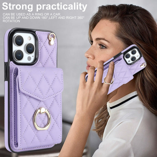 For iPhone 12 / 12 Pro Rhombic Texture Card Bag Phone Case with Long Lanyard(Light Purple) - iPhone 12 / 12 Pro Cases by buy2fix | Online Shopping UK | buy2fix
