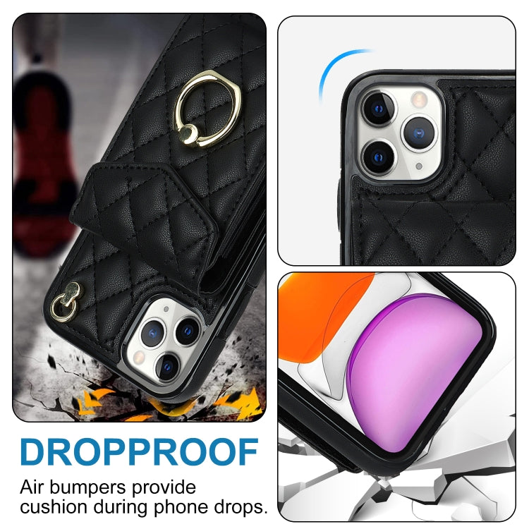 For iPhone 11 Pro Max Rhombic Texture Card Bag Phone Case with Long Lanyard(Black) - iPhone 11 Pro Max Cases by buy2fix | Online Shopping UK | buy2fix