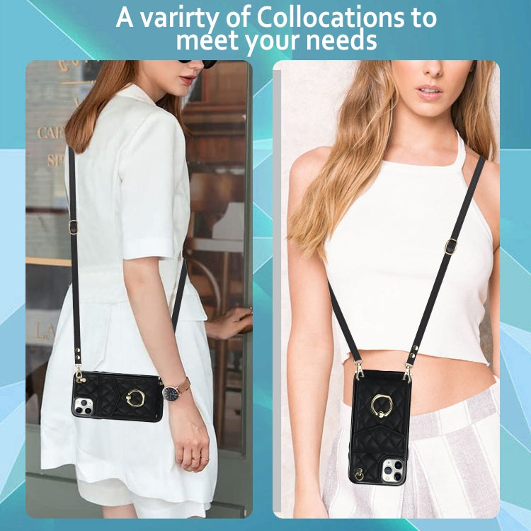 For iPhone 11 Pro Max Rhombic Texture Card Bag Phone Case with Long Lanyard(Black) - iPhone 11 Pro Max Cases by buy2fix | Online Shopping UK | buy2fix