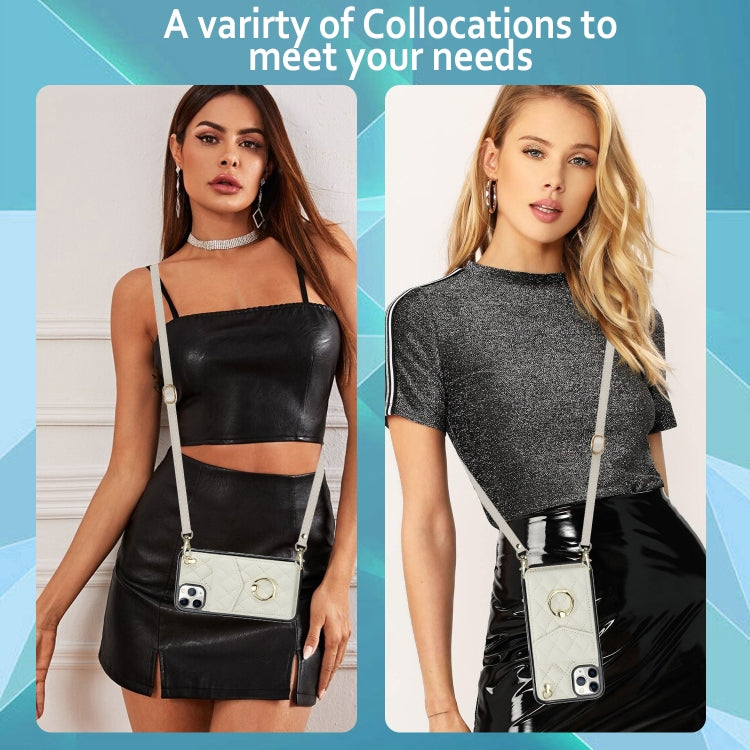 For iPhone 11 Pro Max Rhombic Texture Card Bag Phone Case with Long Lanyard(White) - iPhone 11 Pro Max Cases by buy2fix | Online Shopping UK | buy2fix