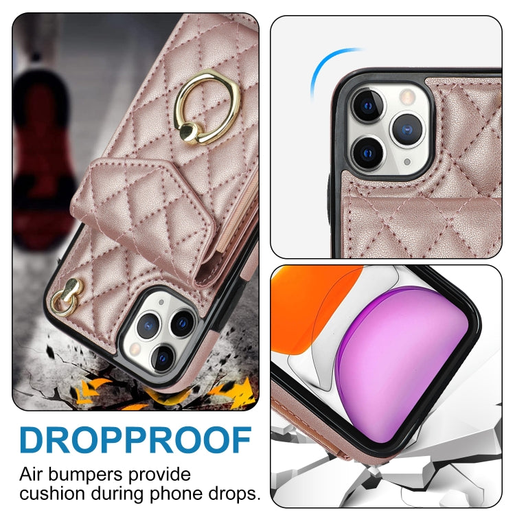 For iPhone 11 Pro Max Rhombic Texture Card Bag Phone Case with Long Lanyard(Rose Gold) - iPhone 11 Pro Max Cases by buy2fix | Online Shopping UK | buy2fix