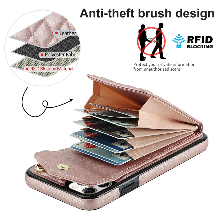 For iPhone 11 Pro Max Rhombic Texture Card Bag Phone Case with Long Lanyard(Rose Gold) - iPhone 11 Pro Max Cases by buy2fix | Online Shopping UK | buy2fix