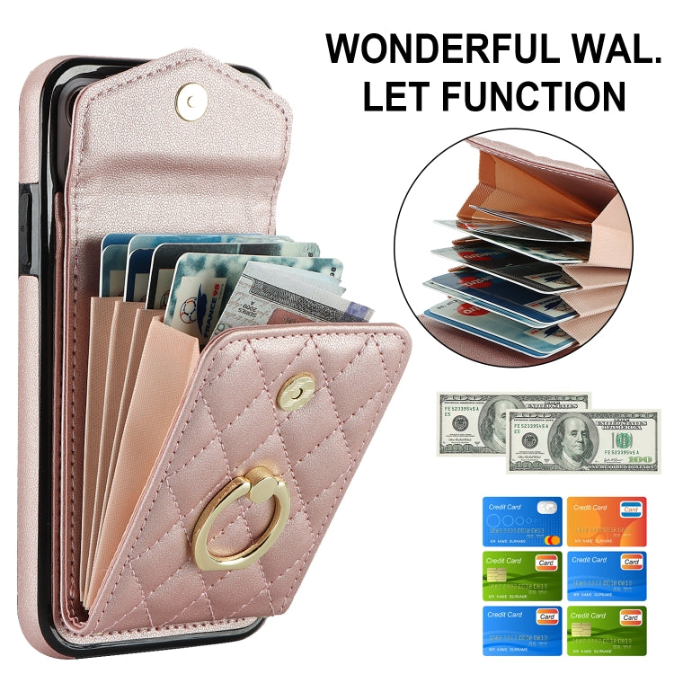 For iPhone 11 Pro Max Rhombic Texture Card Bag Phone Case with Long Lanyard(Rose Gold) - iPhone 11 Pro Max Cases by buy2fix | Online Shopping UK | buy2fix