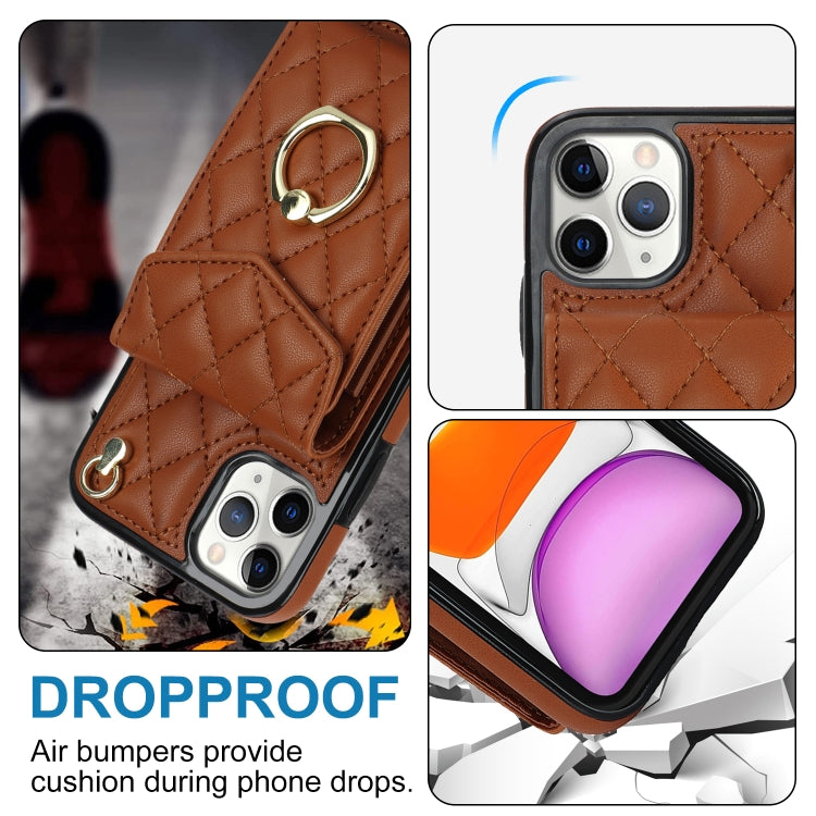 For iPhone 11 Pro Max Rhombic Texture Card Bag Phone Case with Long Lanyard(Brown) - iPhone 11 Pro Max Cases by buy2fix | Online Shopping UK | buy2fix