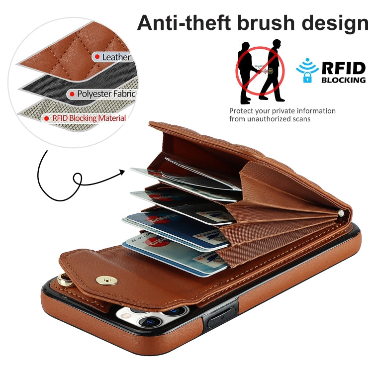 For iPhone 11 Pro Max Rhombic Texture Card Bag Phone Case with Long Lanyard(Brown) - iPhone 11 Pro Max Cases by buy2fix | Online Shopping UK | buy2fix