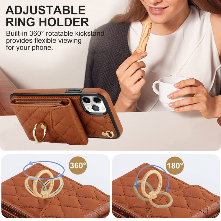 For iPhone 11 Pro Max Rhombic Texture Card Bag Phone Case with Long Lanyard(Brown) - iPhone 11 Pro Max Cases by buy2fix | Online Shopping UK | buy2fix