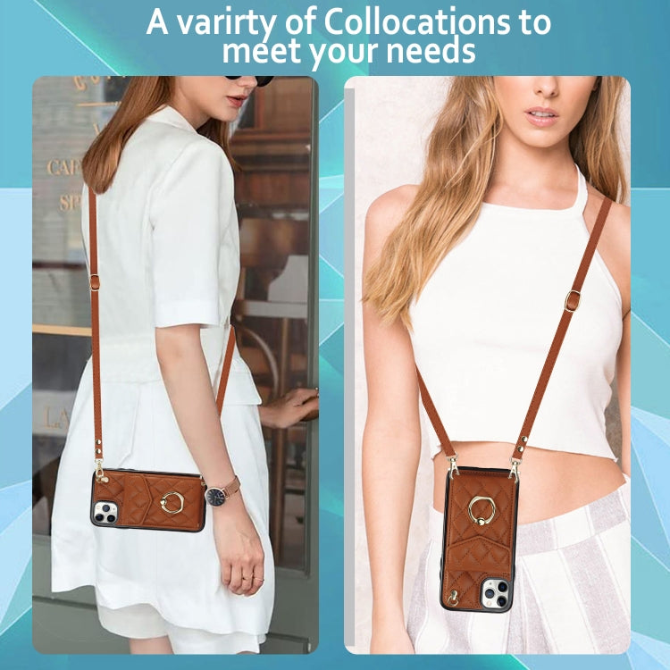 For iPhone 11 Pro Max Rhombic Texture Card Bag Phone Case with Long Lanyard(Brown) - iPhone 11 Pro Max Cases by buy2fix | Online Shopping UK | buy2fix