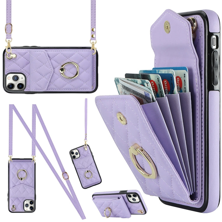 For iPhone 11 Pro Max Rhombic Texture Card Bag Phone Case with Long Lanyard(Light Purple) - iPhone 11 Pro Max Cases by buy2fix | Online Shopping UK | buy2fix