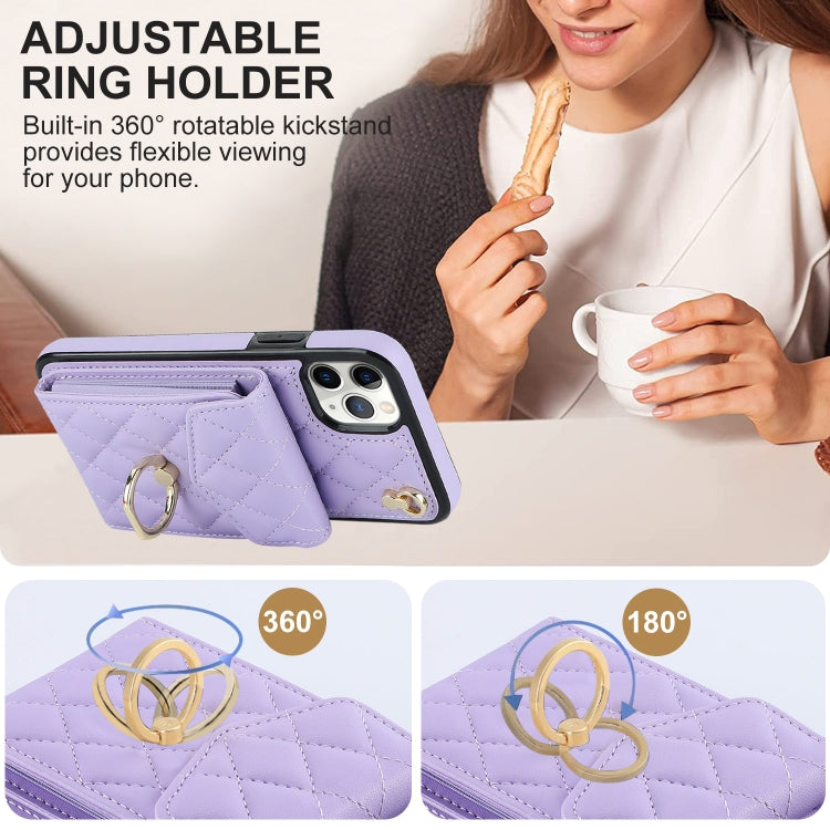 For iPhone 11 Pro Max Rhombic Texture Card Bag Phone Case with Long Lanyard(Light Purple) - iPhone 11 Pro Max Cases by buy2fix | Online Shopping UK | buy2fix