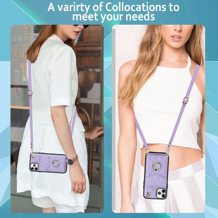 For iPhone 11 Pro Max Rhombic Texture Card Bag Phone Case with Long Lanyard(Light Purple) - iPhone 11 Pro Max Cases by buy2fix | Online Shopping UK | buy2fix